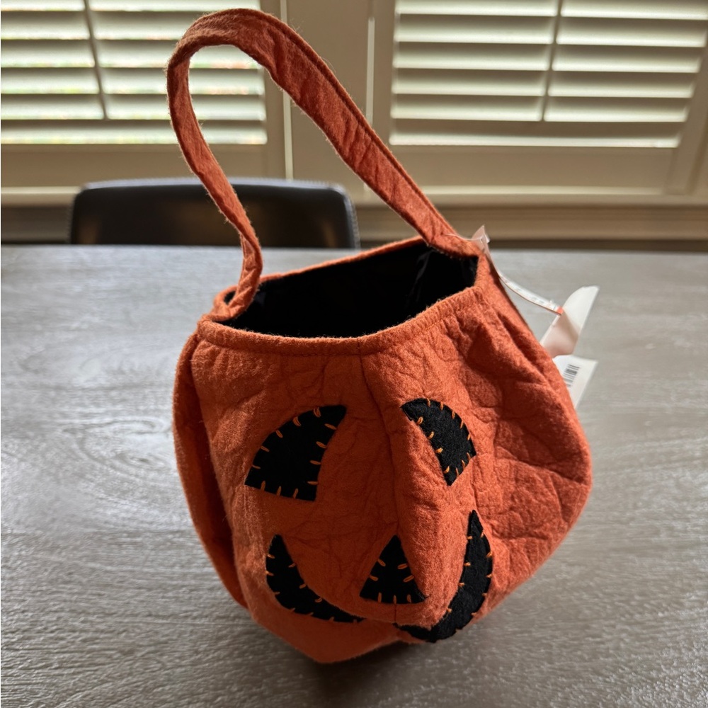 NWT Pottery Barn Kids Pumpkin Treat Bag, embroidered “Rowan”